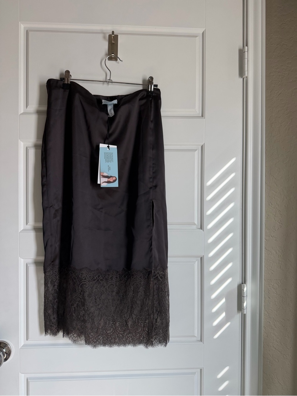 NWT Future Collective Satin Charcoal Lace-Hem Midi Skirt